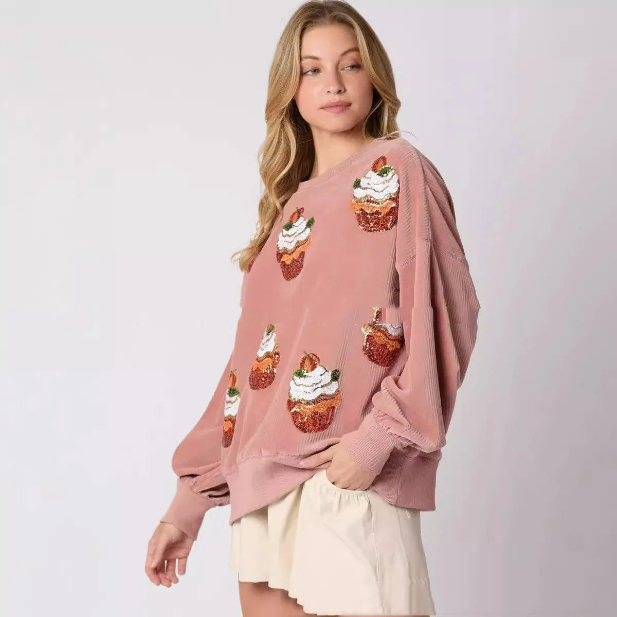 Loose rose pullover sweater with round neck, long sleeves and sequin cake pattern, sizes S to XXL