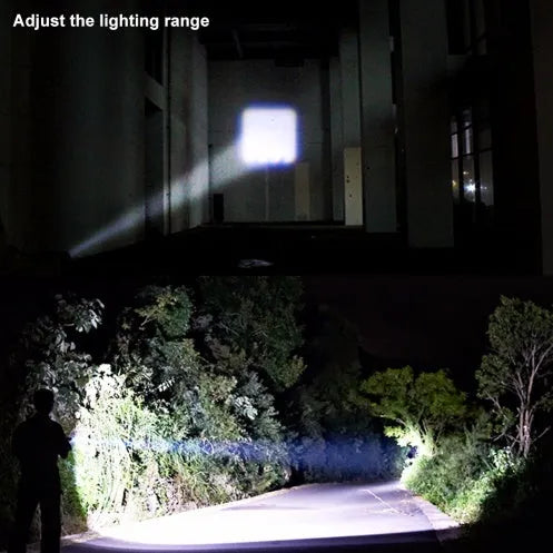 Black mini aluminium alloy telescopic LED torch with clip, shown zoomed in and out.