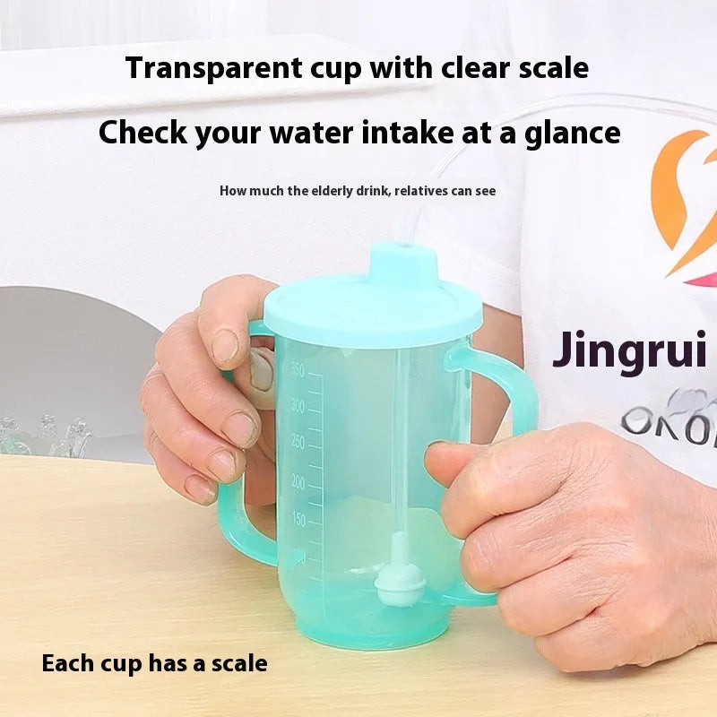 Adult choke-proof drinking cup with handle and slanted lid for bedside use.