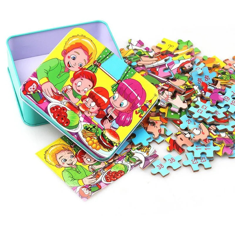 80-piece wooden jigsaw puzzle for kids age 3+, animal and transport styles in an iron box with non-toxic paint finish
