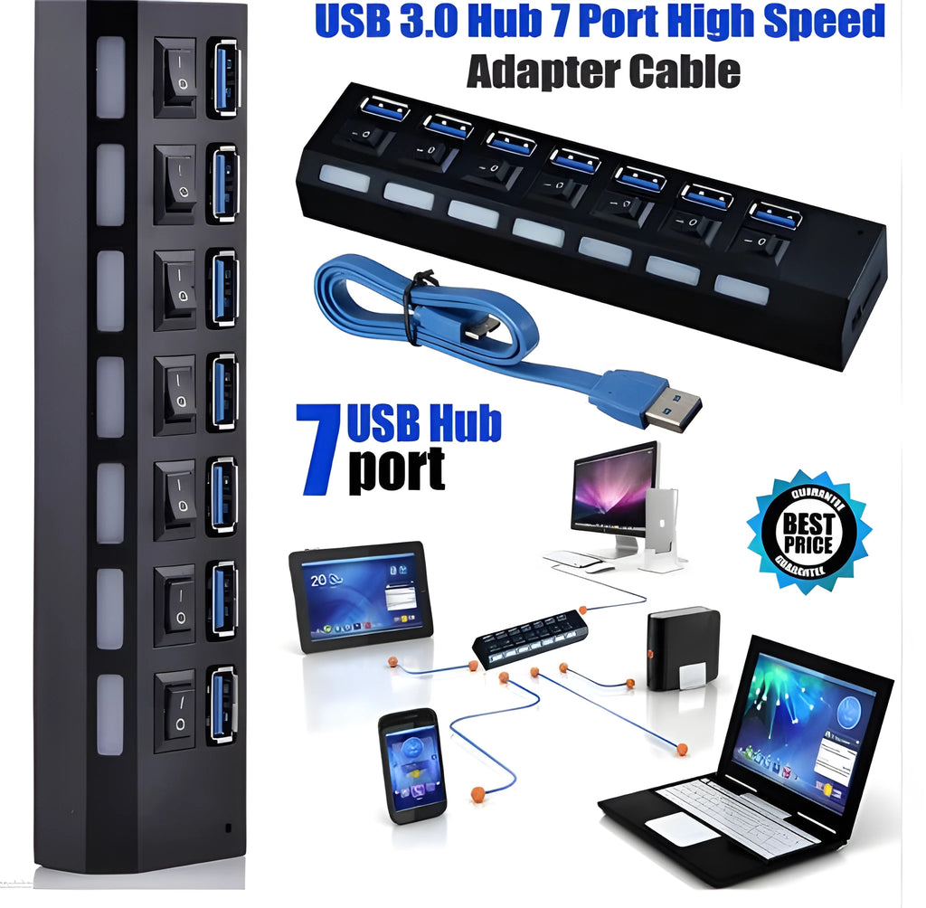 7 Port USB 3.0 hub with power adapter, ABS plastic, black colour, front view showing 7 USB ports and LED indicators