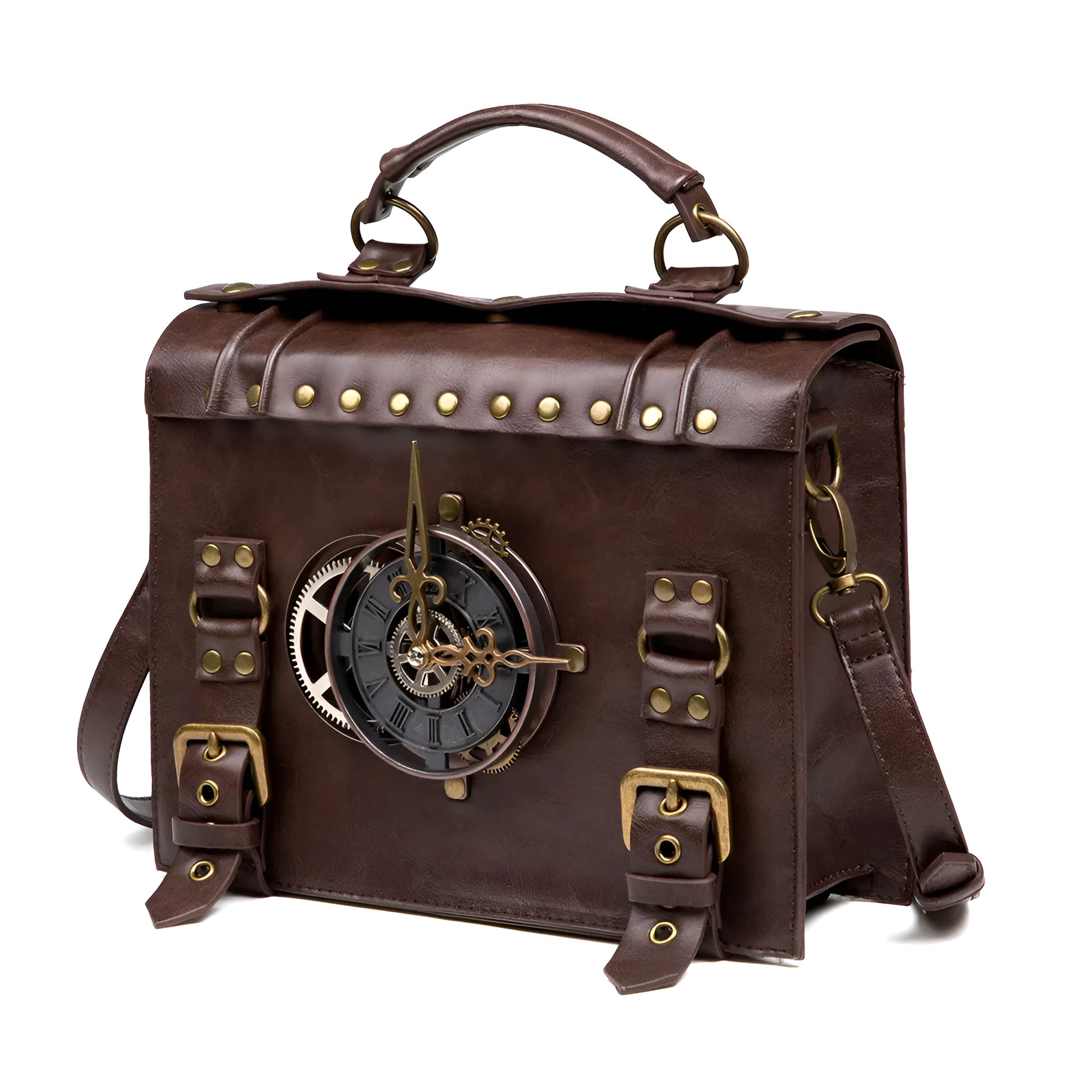 Bronze steampunk industrial retro style shoulder bag with metal hardware on a horizontal square pillow shape