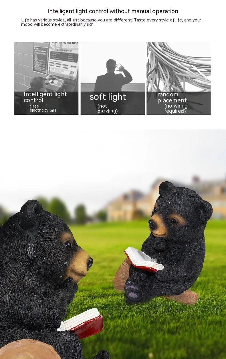 Black bear solar light ornament made of synthetic resin in modern simplicity style for garden pathways