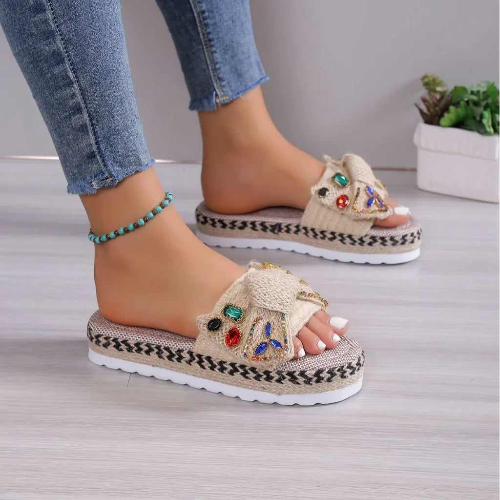 Creamy-white women's platform sandals with beach bow decoration and cloth construction