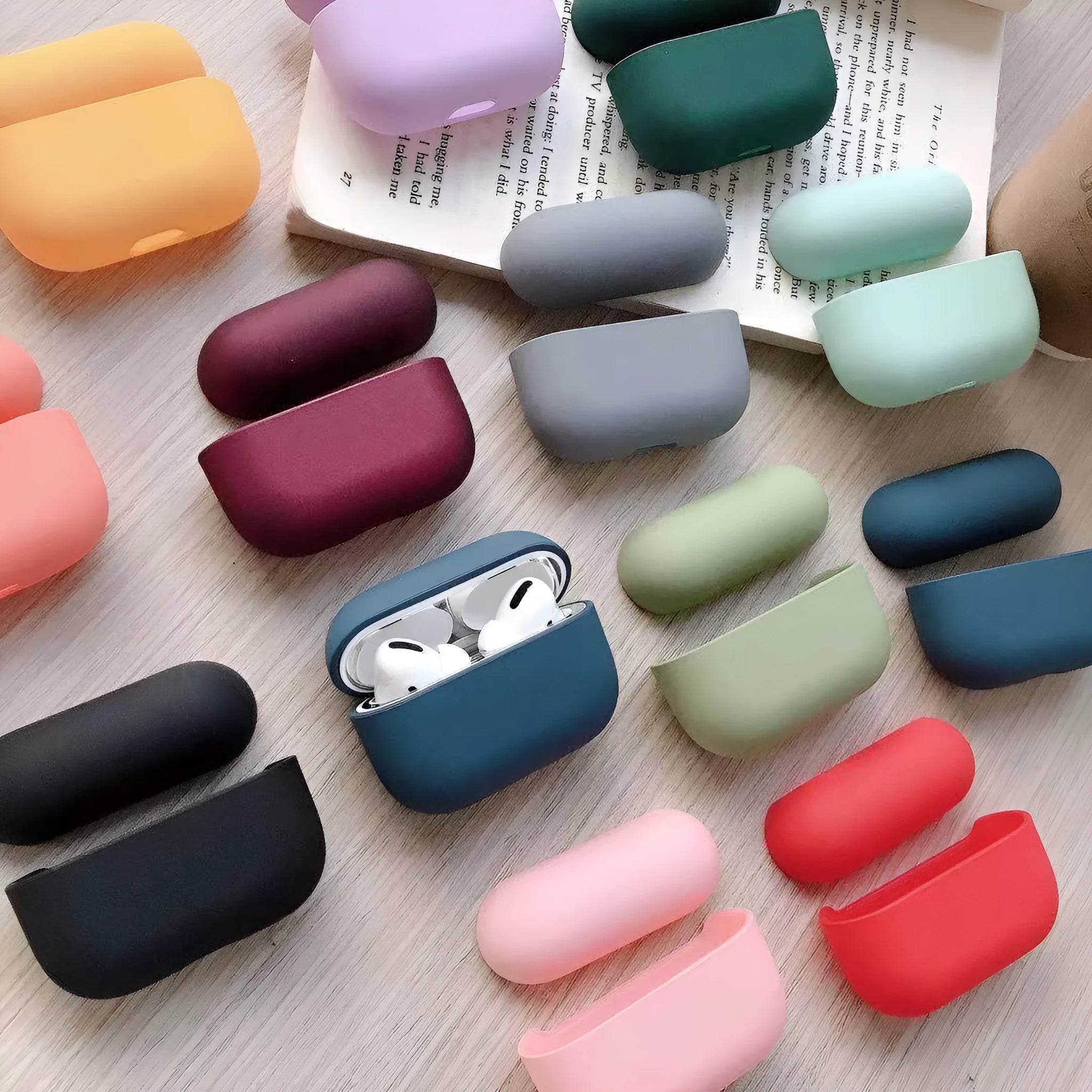 AirPods Pro protective plastic case in multiple colour options showing compatibility with Apple wireless earbuds