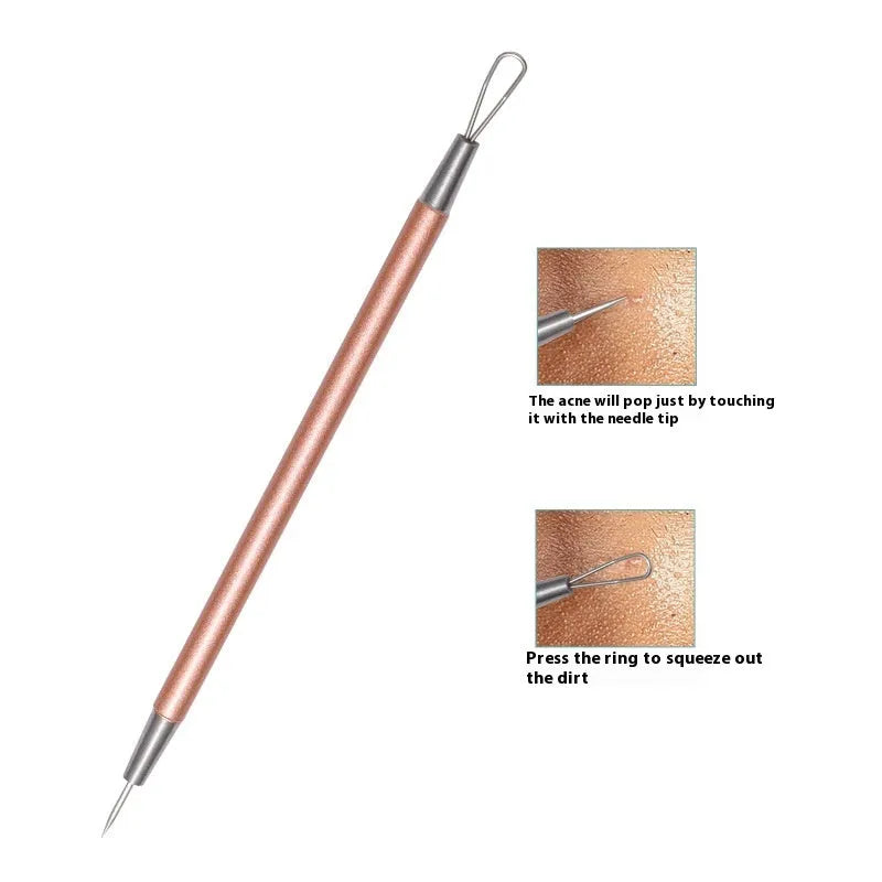 Six stainless steel dual-ended acne needles with rose gold finish for blackhead and spot removal