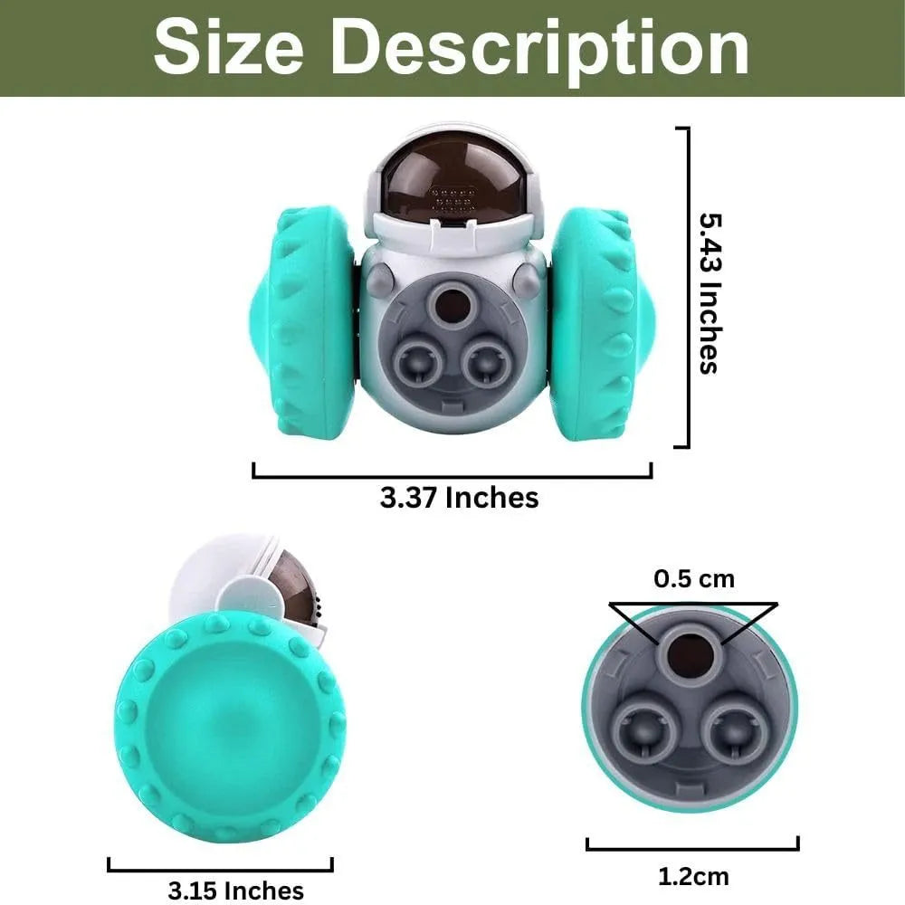 Robot-style interactive dog treat toy with roller mechanism for slow feeding, measuring 141mm