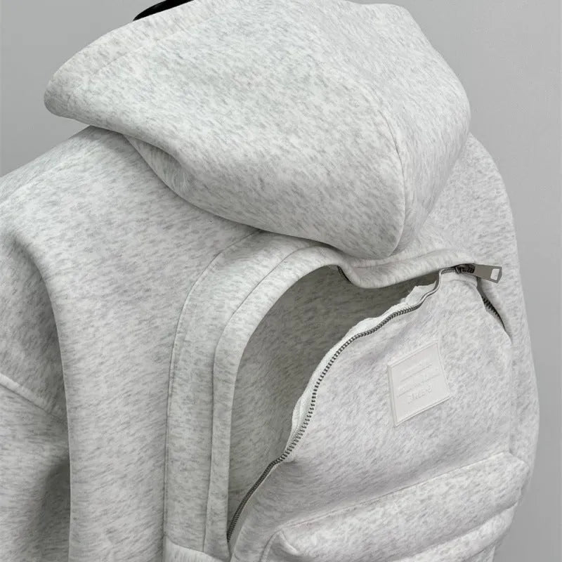 Men's grey hoodie jacket with back schoolbag design detail showing front and back views