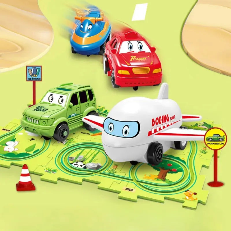 Children puzzle electric railroad speeder with automatic car and dinosaur-themed puzzle track pieces on floor