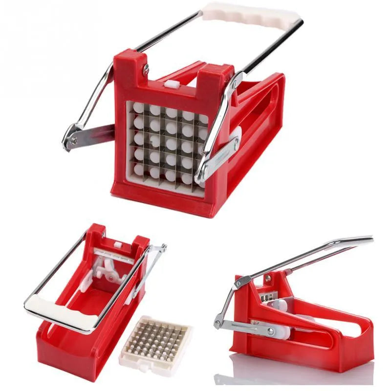 Potato cutter with two stainless steel blades and non-slip rubber base