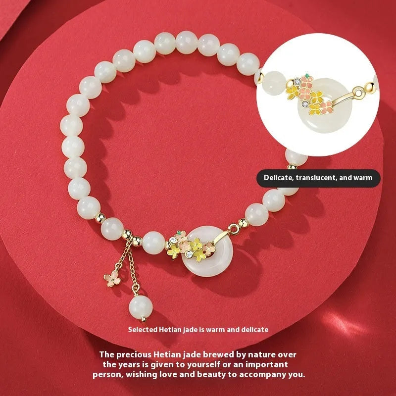 Osmanthus style sterling silver bracelet with inlaid 6mm natural Hetian jade gemstone and peace buckle clasp