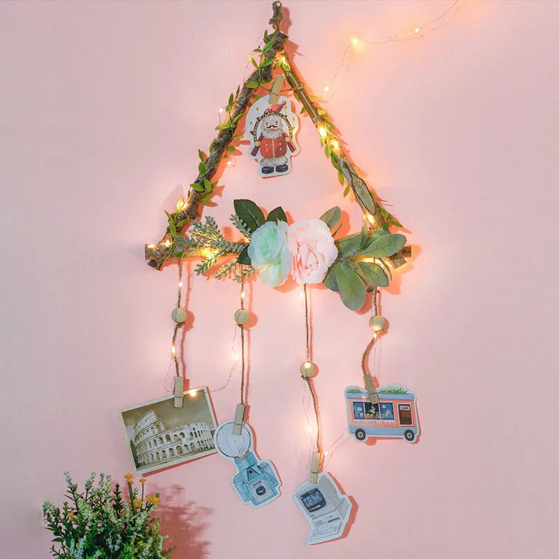 Wooden stick frame wall pendant with hemp rope twine and wooden photo clips in natural materials