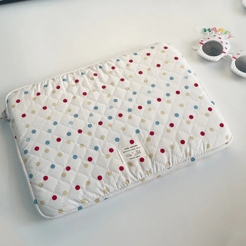 Women's polka dot polyester laptop bag showing three size options