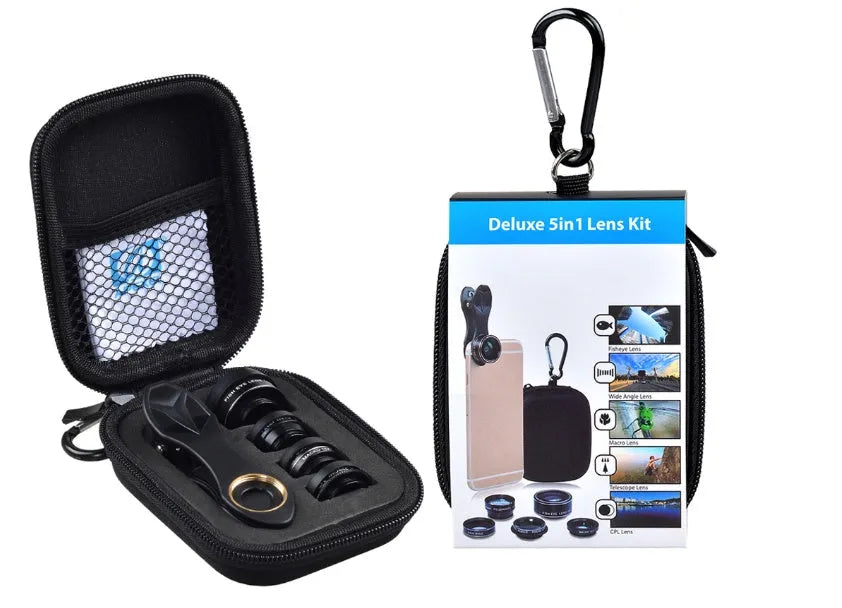 Black universal 5-in-1 smartphone lens kit showing fisheye, wide angle, macro, telephoto and CPL filter lenses with clip mount