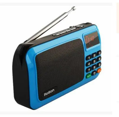 Golden Rolton W405 portable FM radio and MP3 speaker with LED display and wrist strap.