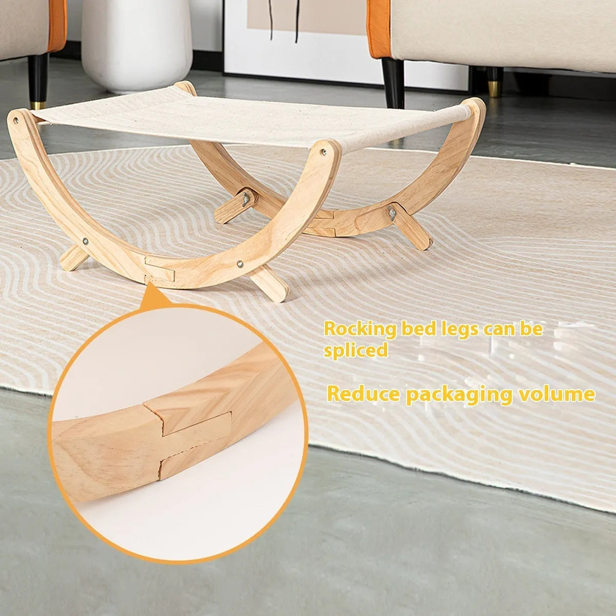 Solid wood foldable cat hammock bed with a neutral cushion on a wooden frame.