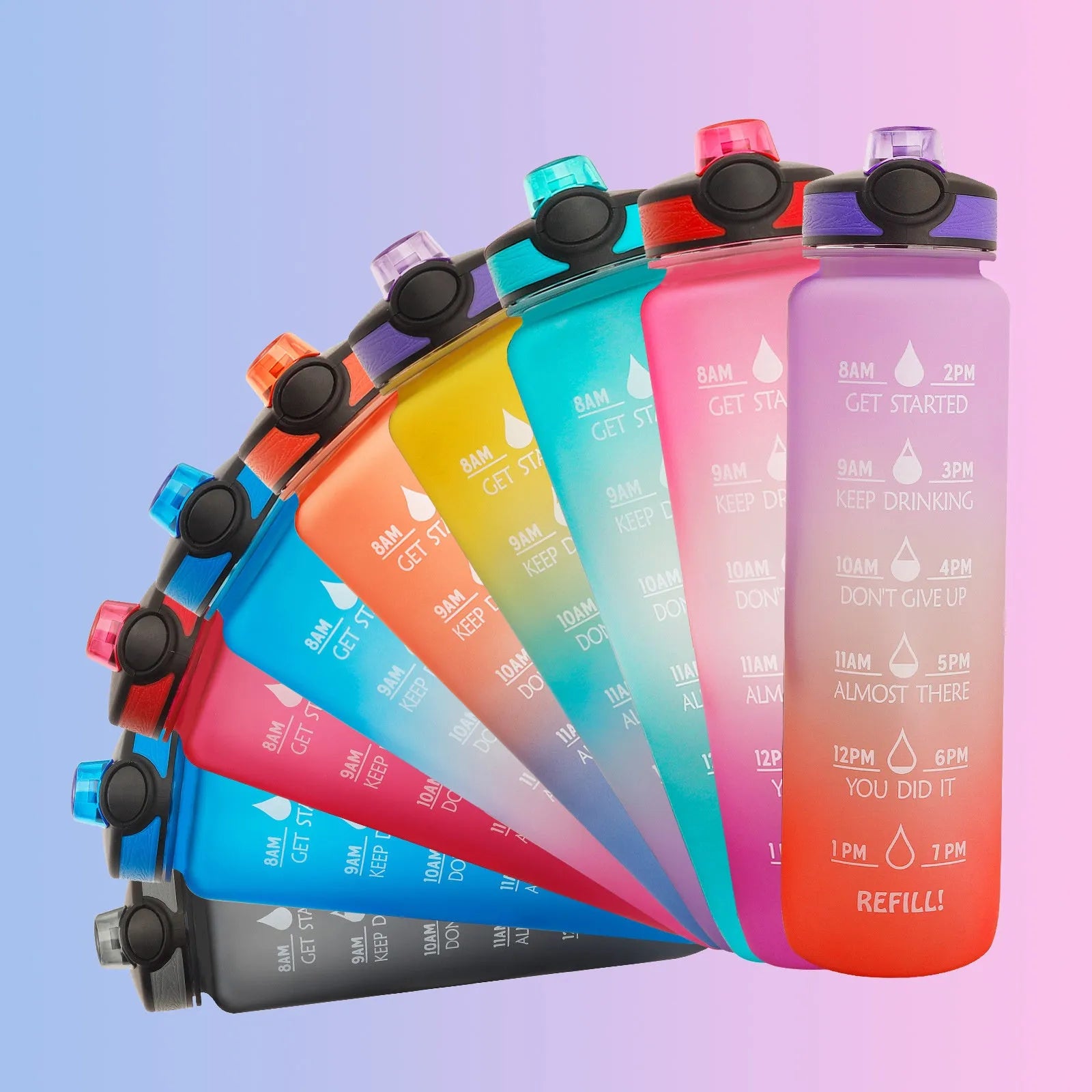 Blue and red gradient 1-litre Tritan sports water bottle with time markers and a black bounce cover lid.