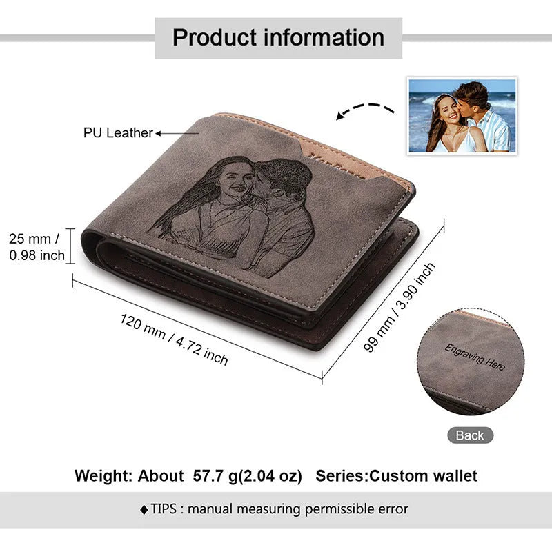 Coffee-coloured engraved horizontal PU leather wallet with personalisation, shown closed.