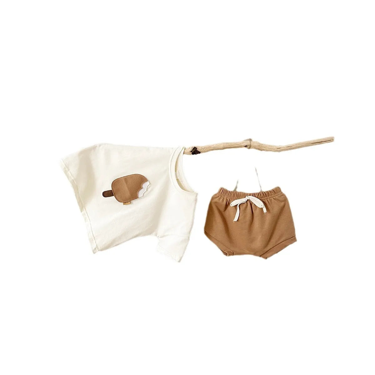 Girls' apricot coloured cotton shorts suit set with ice cream patch, short sleeves and round neck.