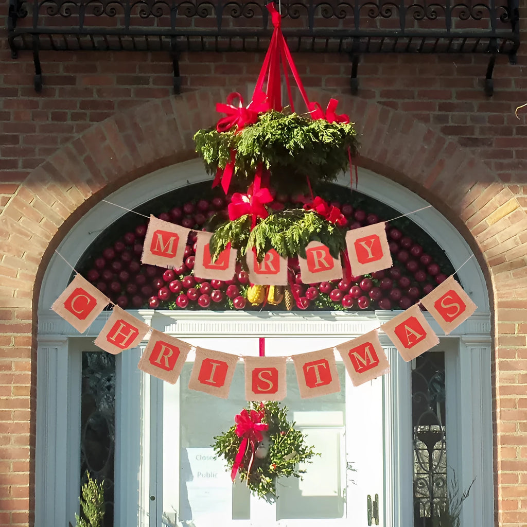 Brown and red burlap Christmas banner string with 14 fabric flags for wall decoration