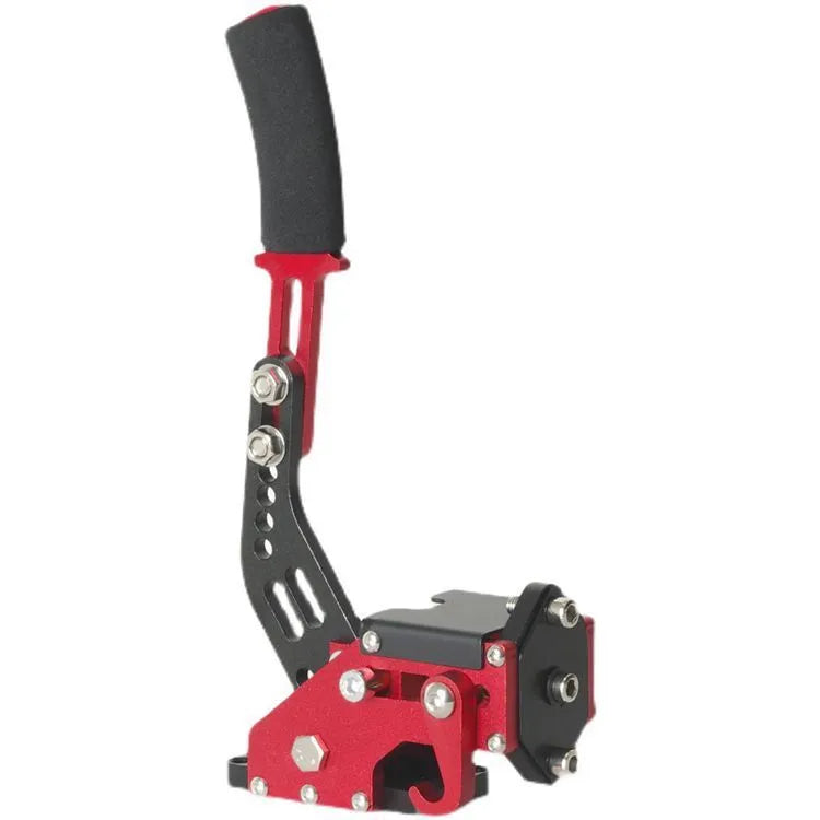 Aluminium linear handbrake for PC sim racing, compatible with Logitech and Thrustmaster wheels, in red, blue, or black.