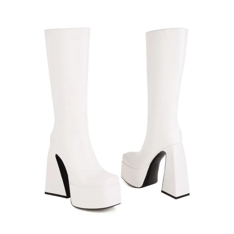 Women's black casual high boots with round toe and artificial PU leather upper, shown from the side.