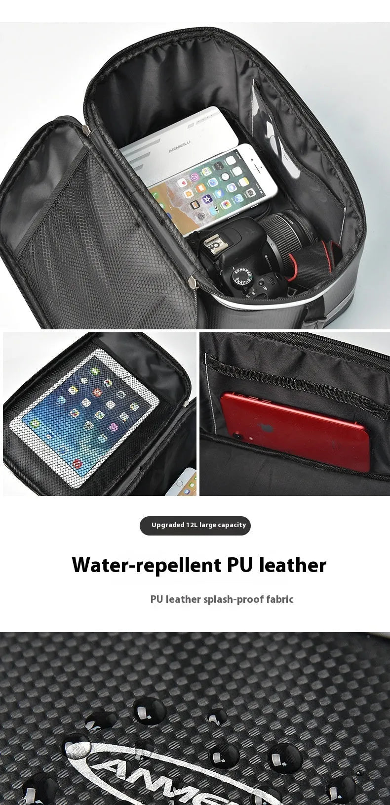 Black PU leather car bicycle rack bag with 12 litre capacity for backseat equipment storage