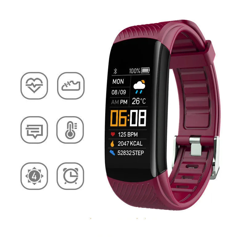 C5S model smart fitness tracker bracelet with coloured TPU strap on a wrist.
