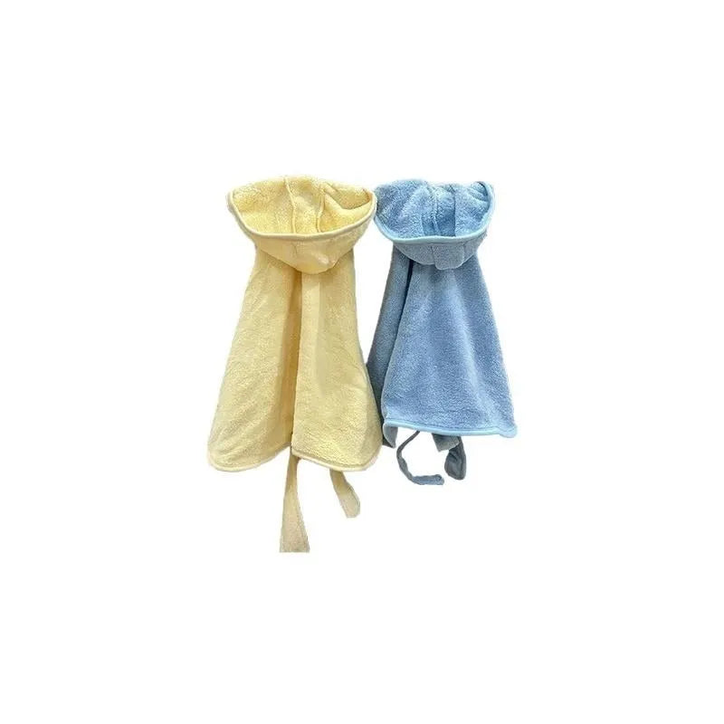 Wearable pet bath towel in thickened coral fleece with edging, shown in blue, yellow, pink, and white, sizes S M L