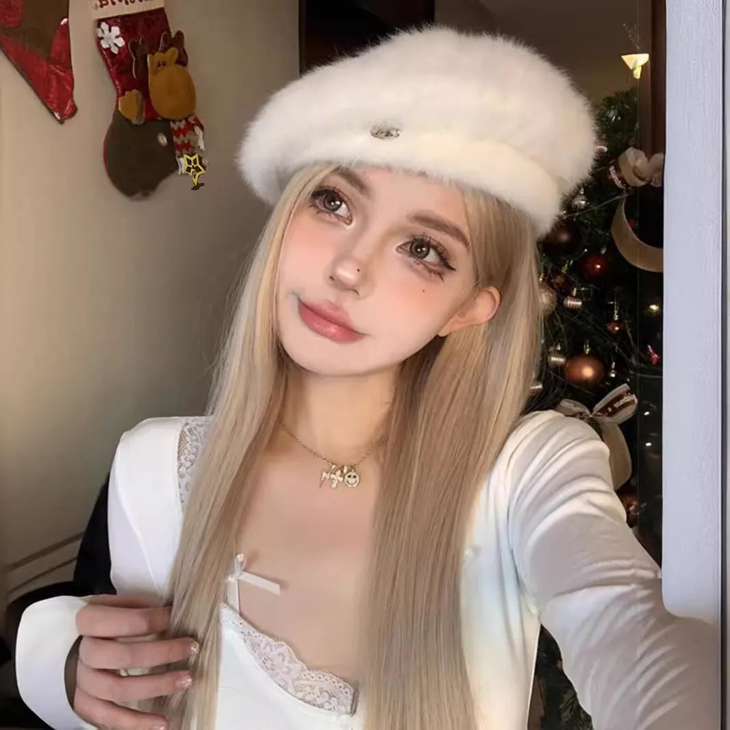 Milk tea blonde straight synthetic wig with hair net on display stand
