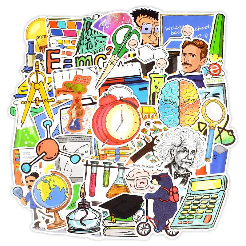 50 sheets of science education graffiti stickers with experiment patterns, each 5 to 10cm, adhesive theme series set