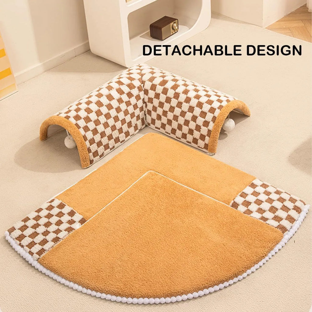 Fan shaped plush pet bed with integrated tunnel in plaid design, shown in coffee colour.