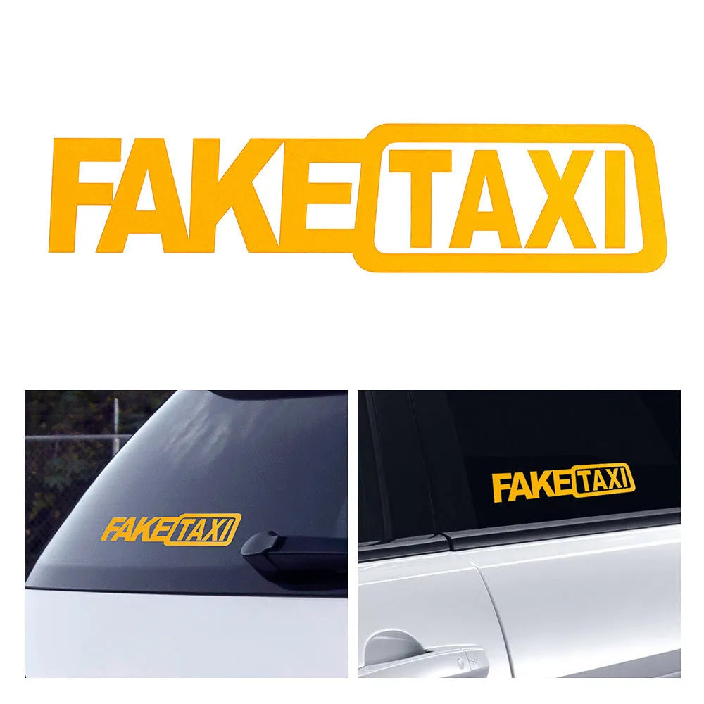 Fake Taxi drifting sign car sticker, 20cm by 4.8cm, text pattern, available in black white yellow or gradient.