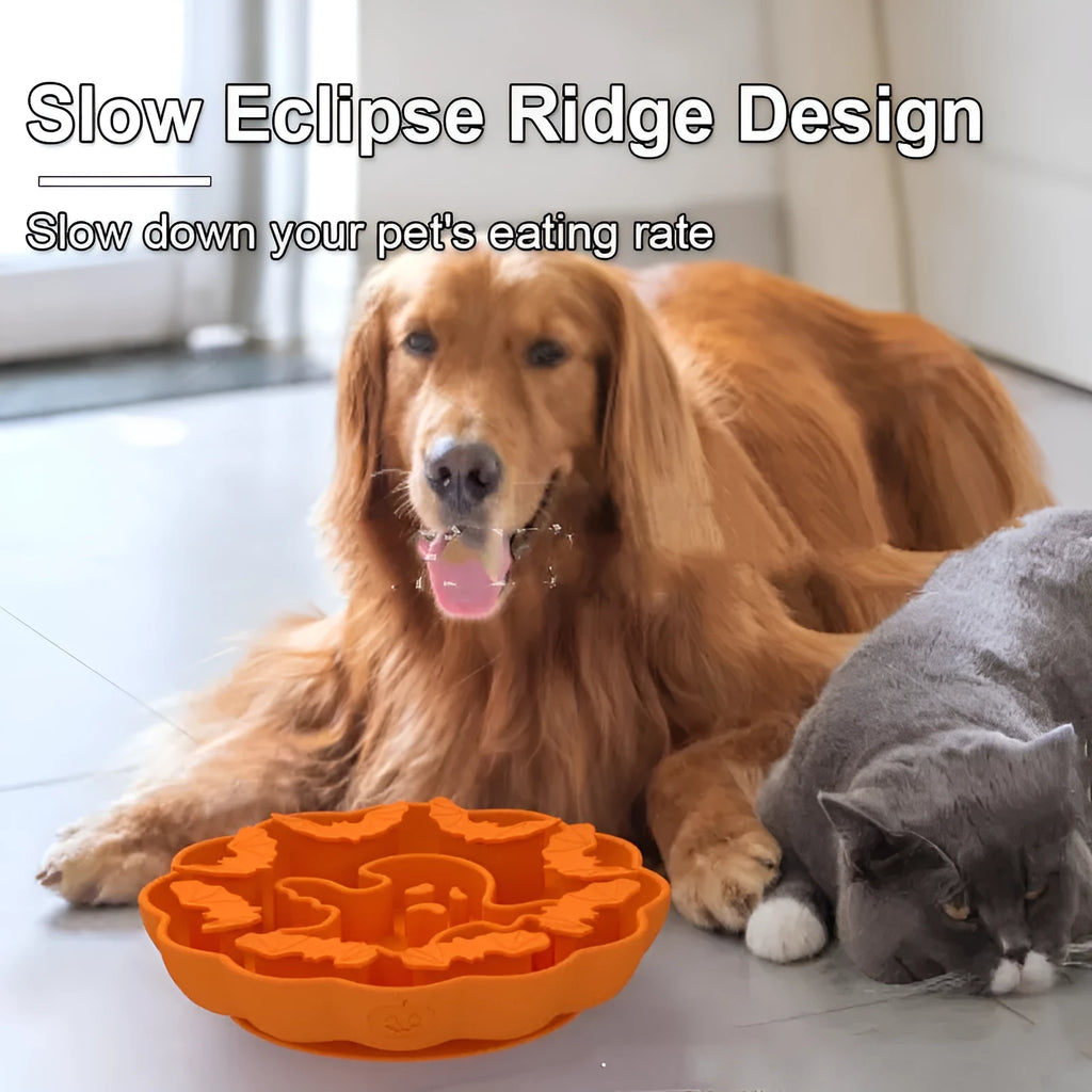 Silicone anti-choke slow feeder dog bowl in Halloween or pumpkin design