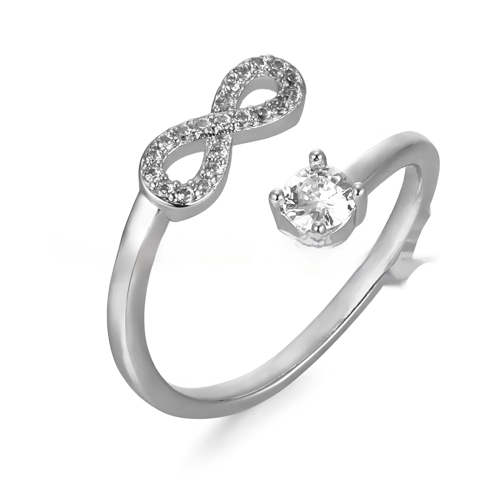 Metal geometric ring with inlaid zircon detail showing alphabet letter sizing options