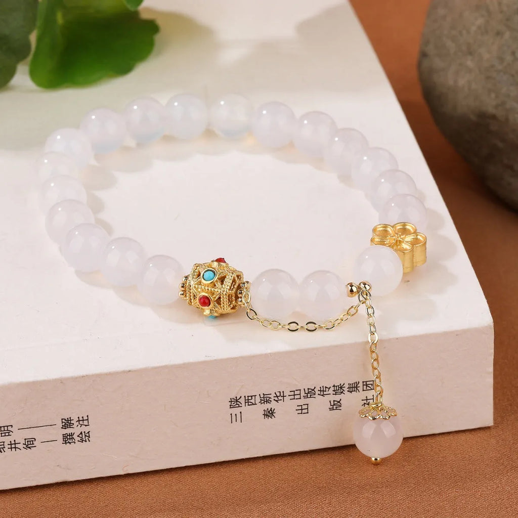 Handmade women's agate bracelet with 8mm stones and peach blossom copper parts