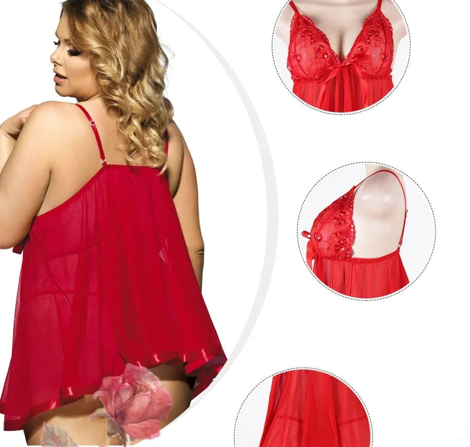 Women's plus size sleepdress lingerie in 6XL with lace and mesh see-through design