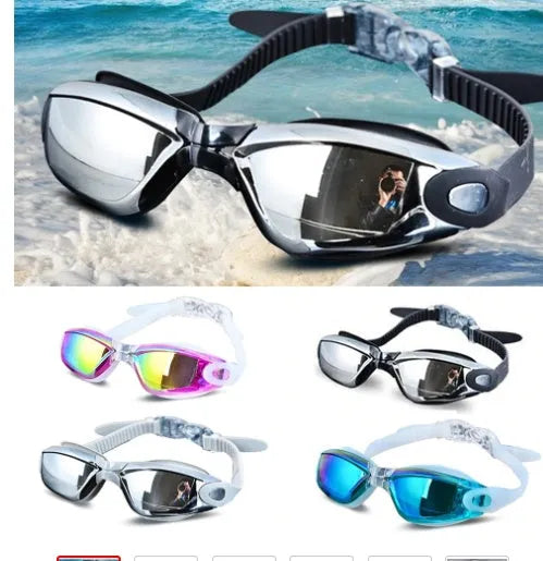 HD plating silicone anti-fog swimming goggles for adults, black, with polycarbonate lens and UV protection