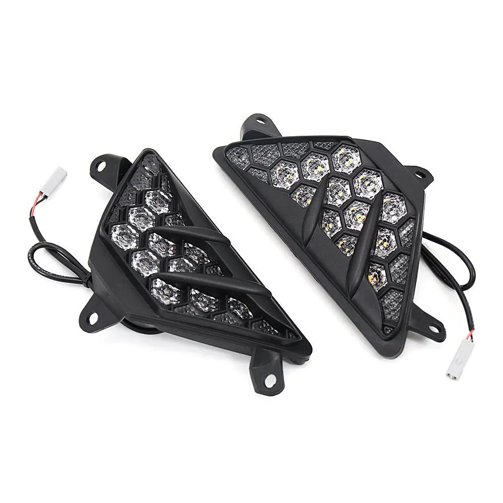 Black Kawasaki Ninja LED turn signal set with hexagonal lens and OEM style plug and play connector