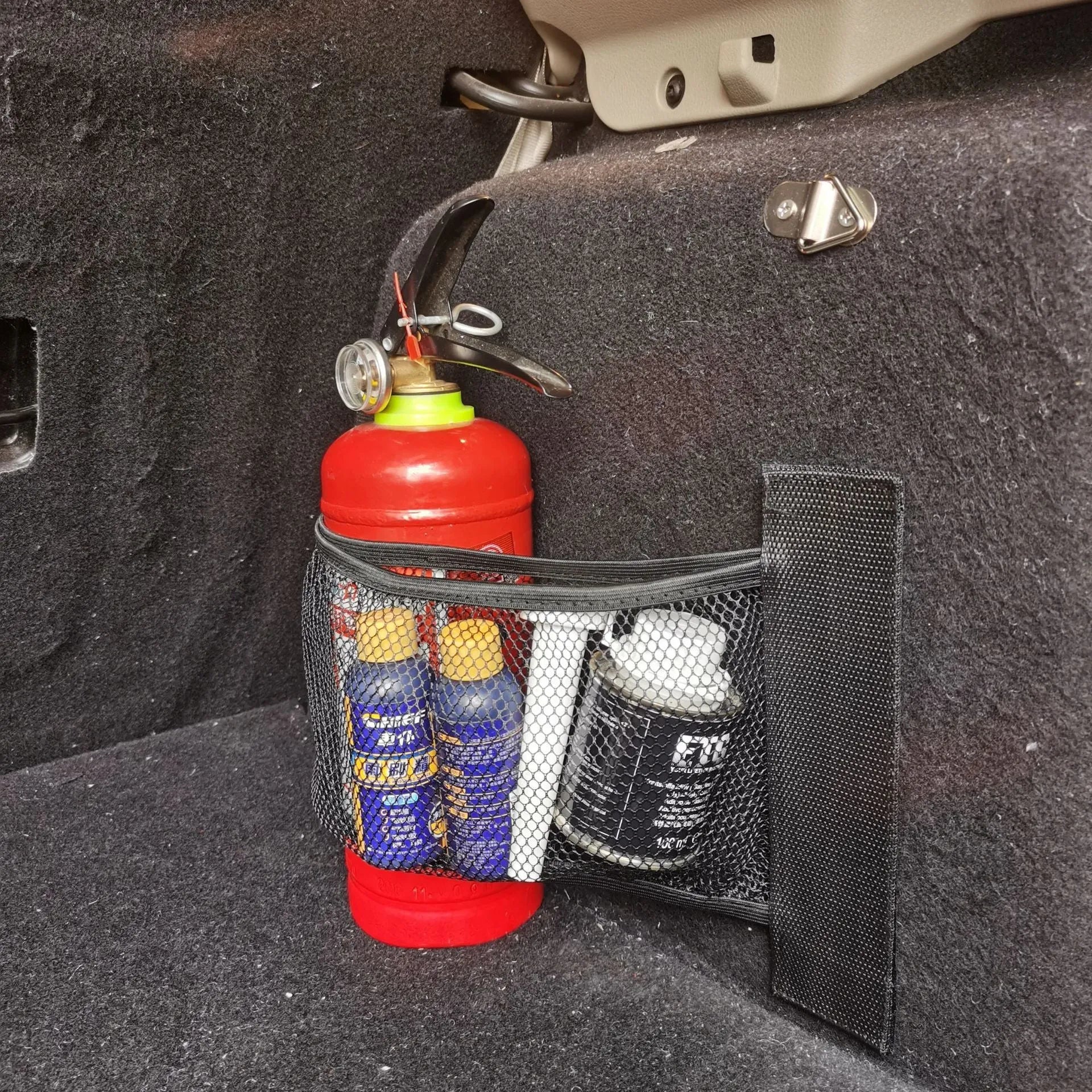 Polyester elastic storage net for organising items in a car boot, shown in 20x35cm and 20x45cm sizes.