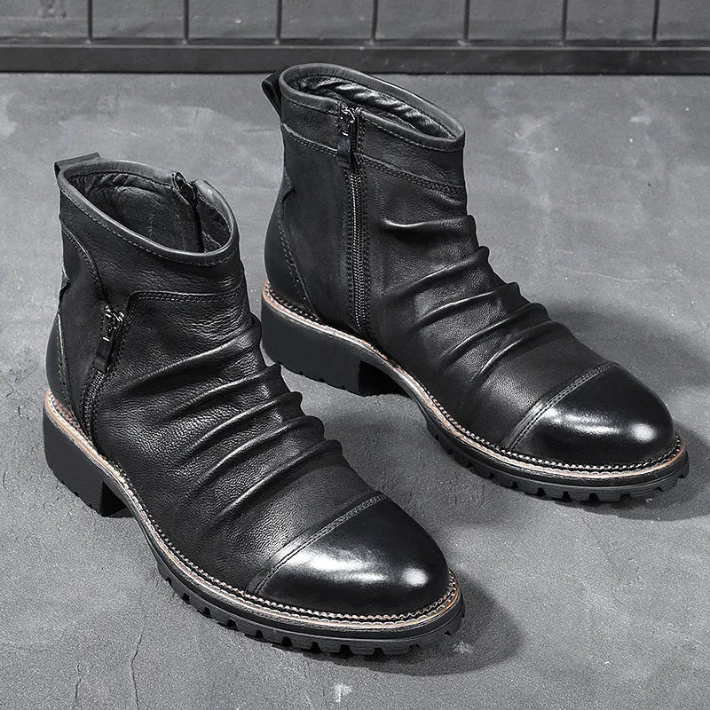 Men's black cowboy Martin boots with side zip, embossed leather look, and round toe.
