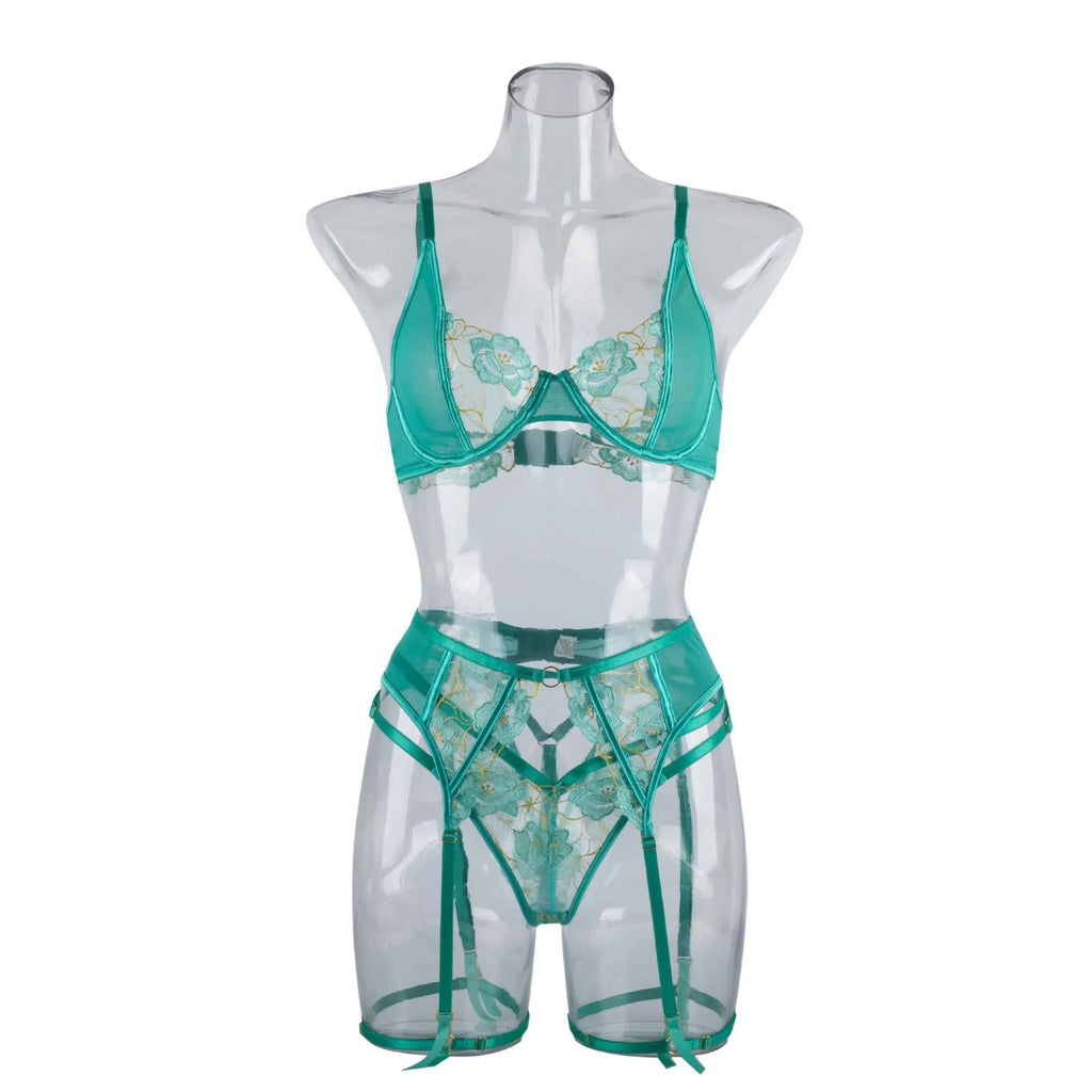 Light green women's bra set with embroidery detailing showing front view of three-point style construction