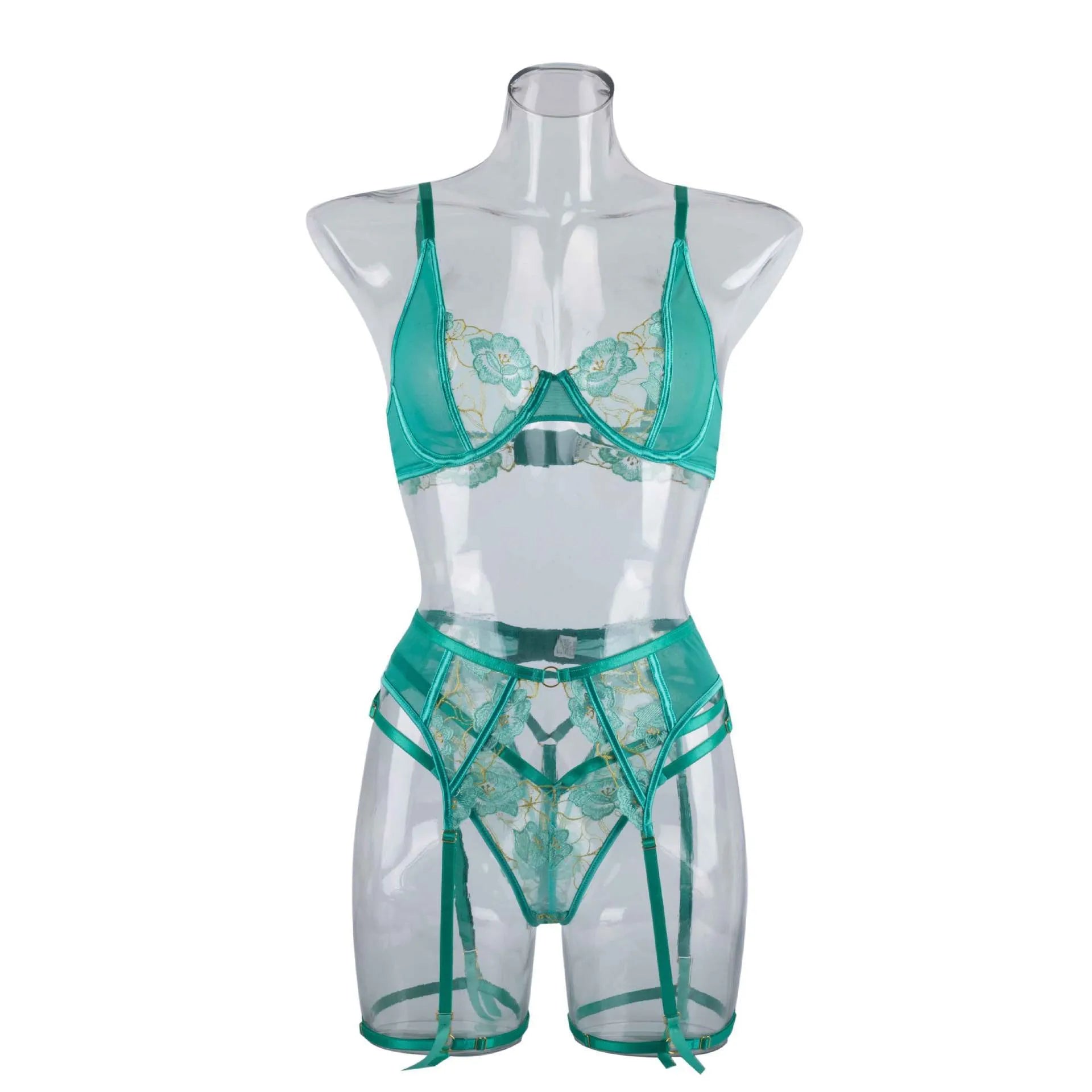 Light green women's bra set with embroidery detailing showing front view of three-point style construction