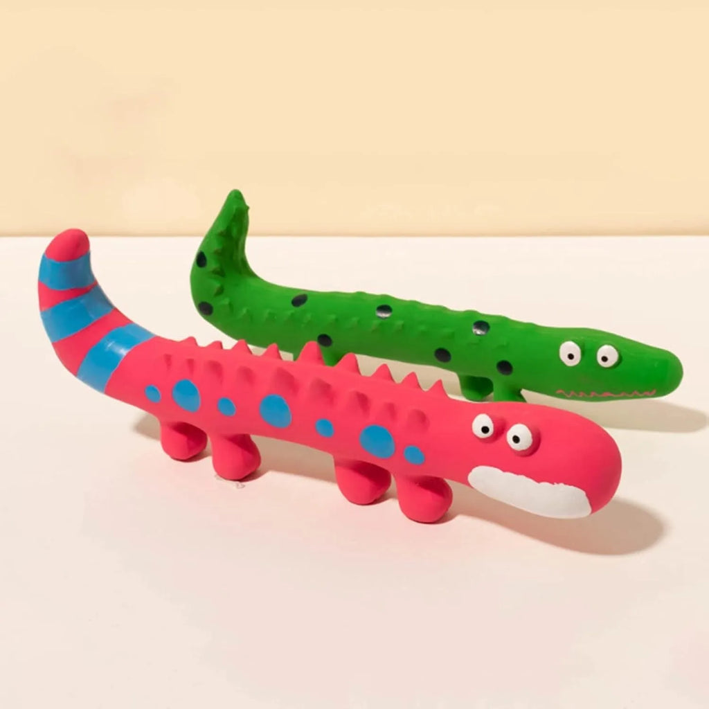 Green lizard-shaped dog chew toy with squeaker for aggressive chewers and teeth cleaning
