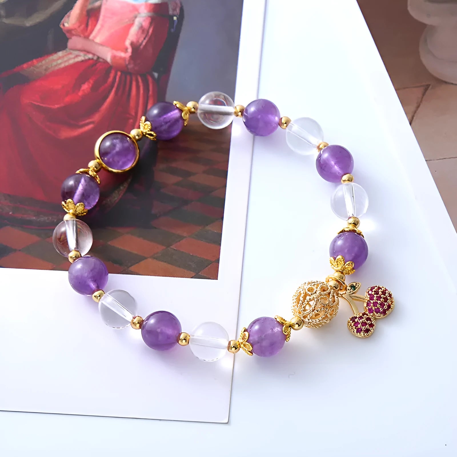 Purple crystal bracelet with micro-inlaid cherry blossom design and secure clasp for women