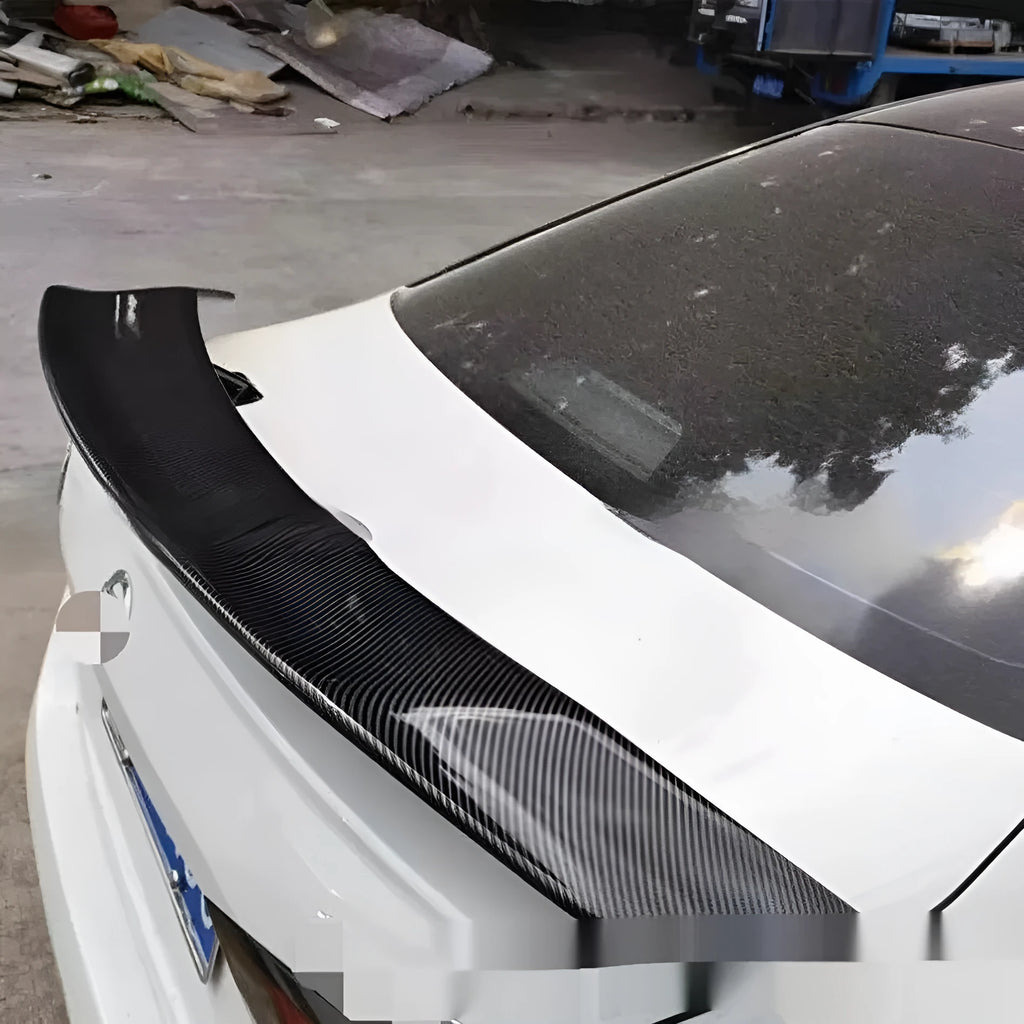 Universal car punch-free tail wing spoiler in ABS plastic, showing bright black, bright white, and carbon pattern finish options.
