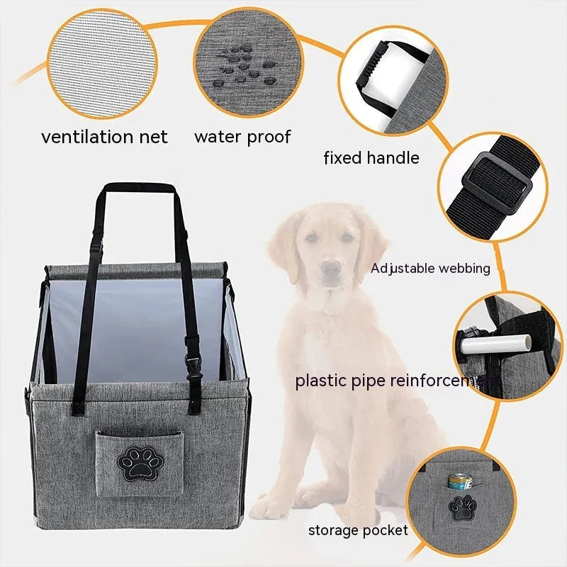 Collapsible oxford cloth dog crate in black, shown with dimensions 49cm wide by 49cm deep by 38cm tall