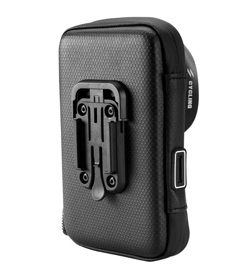 Black nylon cycle mobile phone bracket bag with 6.0 inch screen window, water resistant, anti-glare visor, and tool-free adjustable base