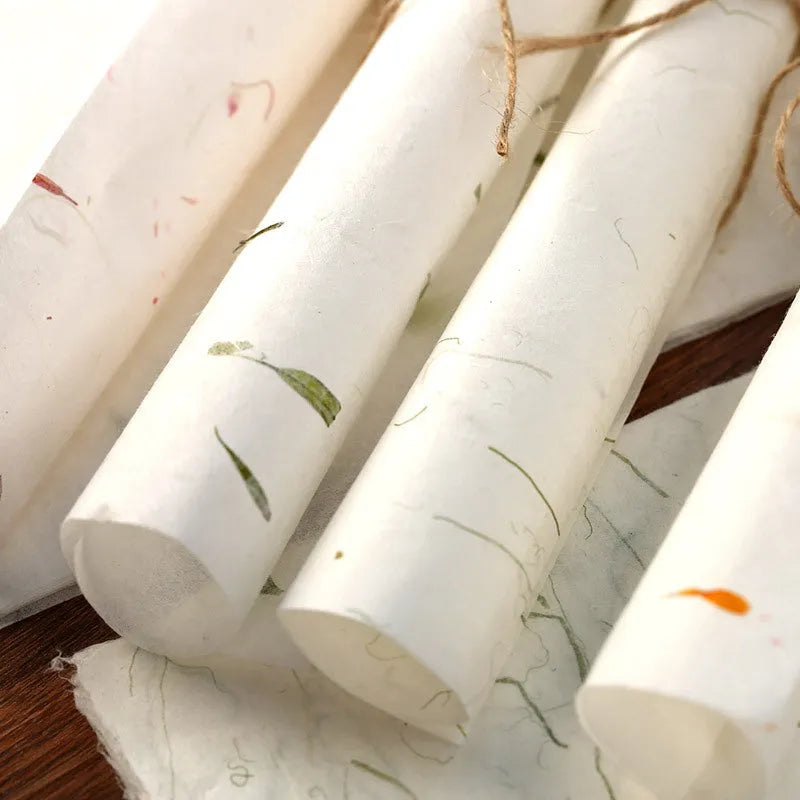 Ten sheets of ancient Chinese style painting paper for calligraphy in Green Leaf, Green Silk, Safflower, and Yellow Flower colours.