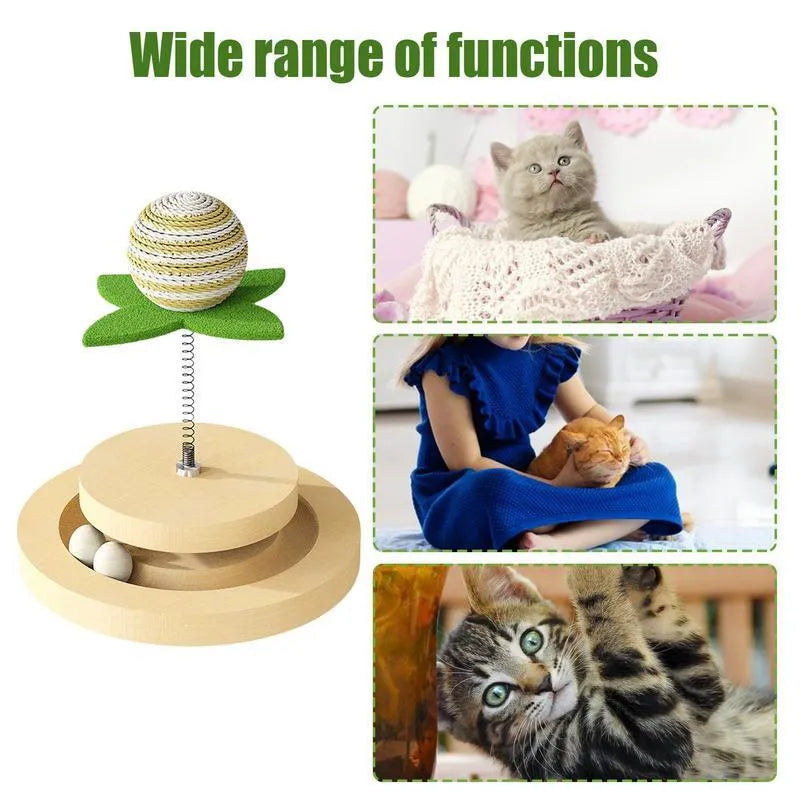 Green sisal cat toy with multi-layer ball track and rotating springs for indoor feline play